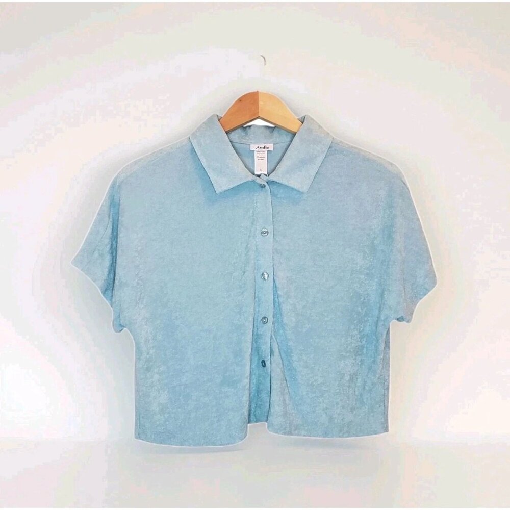Andie The Cropped Button Up Sz Small Cabana Blue Terry Cloth Lounge & Resort Top